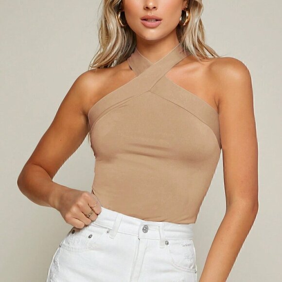 Tops - Apricot Casual Women's Solid Color Halter Neck Tank Top